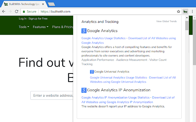 Screenshot 1 of BuiltWith Technology Profiler