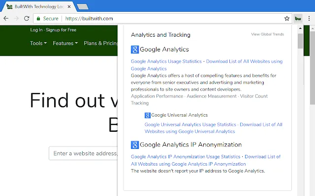 Screenshot 1 of BuiltWith Technology Profiler