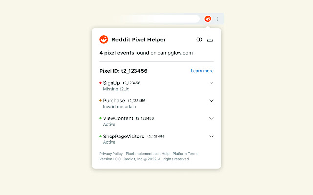 Screenshot 1 of Reddit Pixel Helper