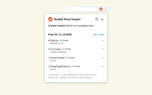 Screenshot 1 of Reddit Pixel Helper